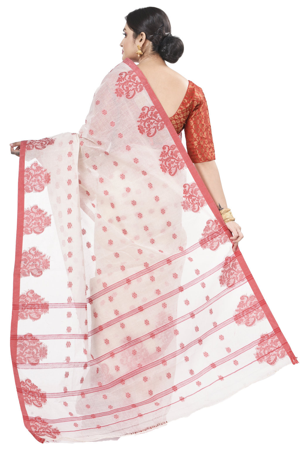 Red Pure Cotton Botgach Tant Saree (521)